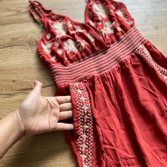 FINAL SALE American Eagle Boho Embroidered Rust Wide Leg Smocked Jumpsuit - Picture 8 of 8